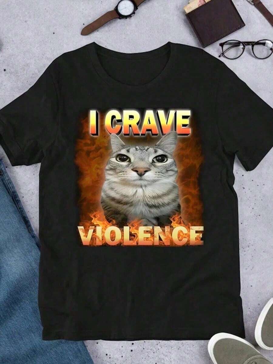 El mejor regalo para el novio - Camiseta con estampado de meme del gato "Anhelo la violencia" para aprendiz suave - Negro - Ver 1