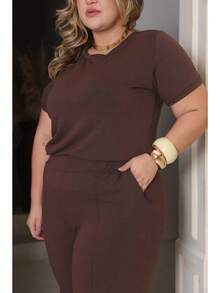 Women's Plus Size Set Of Sweatpants And Short-Sleeved Top - Coffee Brown - View 5