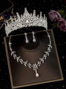 4pcs/Set Girls Children Rhinestone Alloy Crown Necklace Earrings Jewelry Set, Holiday Decoration Accessories, Suitable For Performing, Birthday Party, Suitable For Older Kids And Toddlers