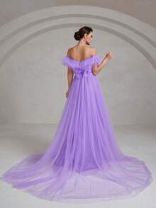 Faeriesty Váy cưới voan mỏng sang trọng, hở vai, thiết kế xếp tầng ở vai, chân váy voan mỏng nhẹ, vạt váy dài thướt tha chạm sàn - Hoàn hảo cho lễ cưới tại nhà thờ, lễ cưới ngoài trời, tiệc cưới trong nhà và chụp ảnh cưới. Mùa xuân - Màu tím - Xem 2