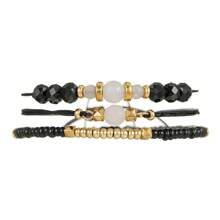 Illusory Conjunto de 3 peças de pulseiras artesanais de cristal preto falso estilo boêmio, pulseiras ajustáveis de contas multicamadas para mulheres, verão