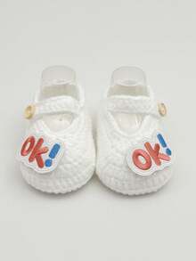 1 Pair Infant Crochet Booties With OK Embroidered Letters, White Knit Infant Shoes With Button Strap - White - View 5