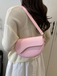 1pc Fashionable Solid Color Minimalist Flap Mini Shoulder Bag, Suitable For Women's Daily Use And Gift - Pink - View 4