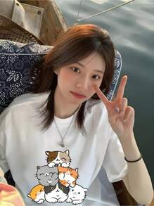 Women Short Sleeve Crew Neck Cat Print Loose Casual T-Shirt Top, White, Summer