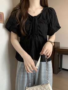 女式纯色休闲日常短袖衬衫上衣 - 黑色 - 查看 5