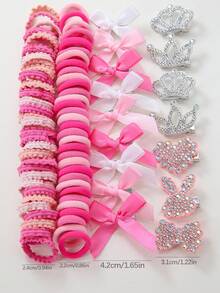 111pcs/Set Pink Rhinestone Rabbit Crown, Heart, Bow Hair Clips, Cute Girl's Elastic Hair Ties, Durable & Non-Damaging, Suitable For Daily Use - Multicolor - View 5