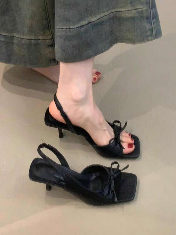 hanxiangyuzu Nouvelles sandales à talons hauts femme mode avec bride à la cheville et nœud papillon, orteils ouverts, bout carré, chaussures d'été pour mariage et soirée