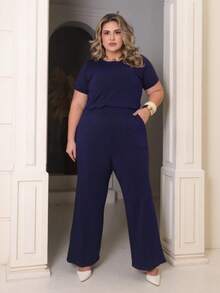 Women's Plus Size Set Of Sweatpants And Short-Sleeved Top - Navy Blue - View 1