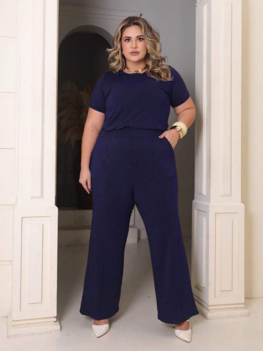 Women's Plus Size Set Of Sweatpants And Short-Sleeved Top - Navy Blue - View 1