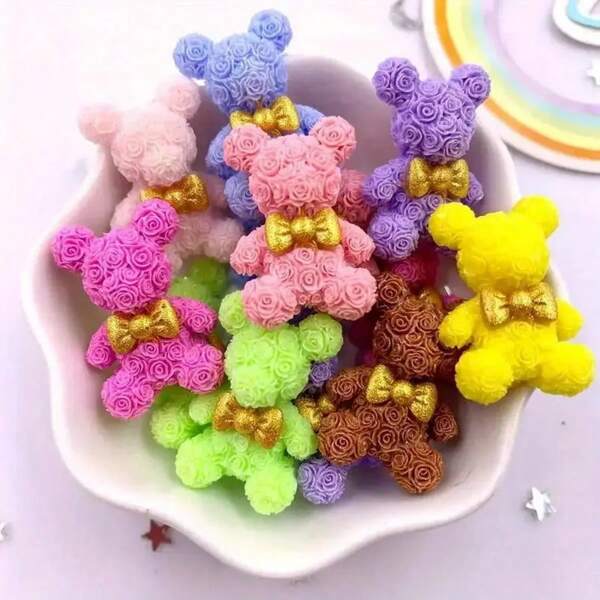 12/40pcs Mixed Color Resin Kawaii Bow, Rose, Bear Figurines Flat Back Cabochons For Scrapbooking Decoration, DIY Jewelry Making Craft Supplies