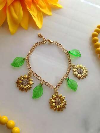 1 件金色金属和亚克力向日葵叶几何花卉链手链，女士派对节日日常服装配饰