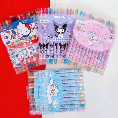  Sanrio 12pcs/Set Children's Color Watercolor Pen Kawaii Cartoon Kuromi Melody Cute Cinnamoroll Hello Kitty Student Art Sketching Drawing Supplies,School Supplies,Back To School