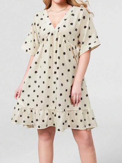 Vestido con cuello en V profundo, estampado floral y parches para mujer
