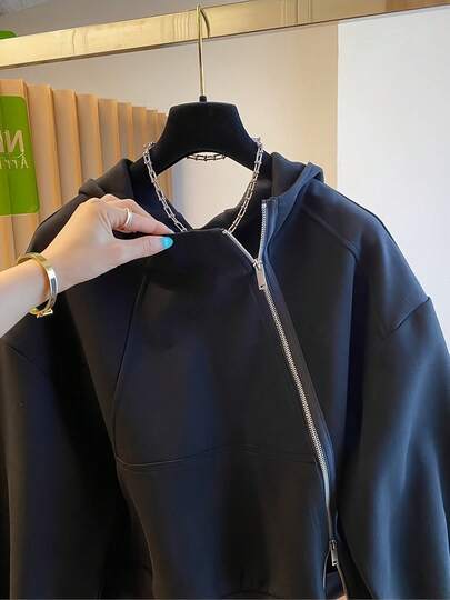 Stylish European & Korean Design Women's Spring/Autumn Oblique Zipper Hooded Sweatshirt, Loose Fit Fashion Jacket Black