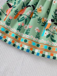 Vestido Casual de Férias de Cintura Marcada sem Mangas com Estampa Floral, Primavera/Verão, para Meninas Jovens - Verde - Visão 5