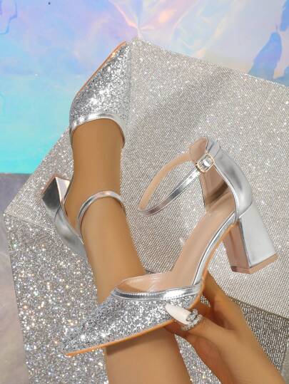 Novos sapatos femininos de salto grosso com ponta fina e glitter sexy