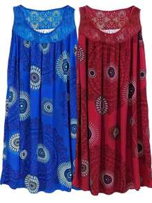 2 Women's Plus-Size Pajamas-Geometric Pattern Contrast Lace Skirt, Medium Elastic Round Neck Machine Washable Casual Wear In All Seasons, Comfortable And Opaque Fabric. - Xanh hoàng gia + đỏ rượu - Xem 1