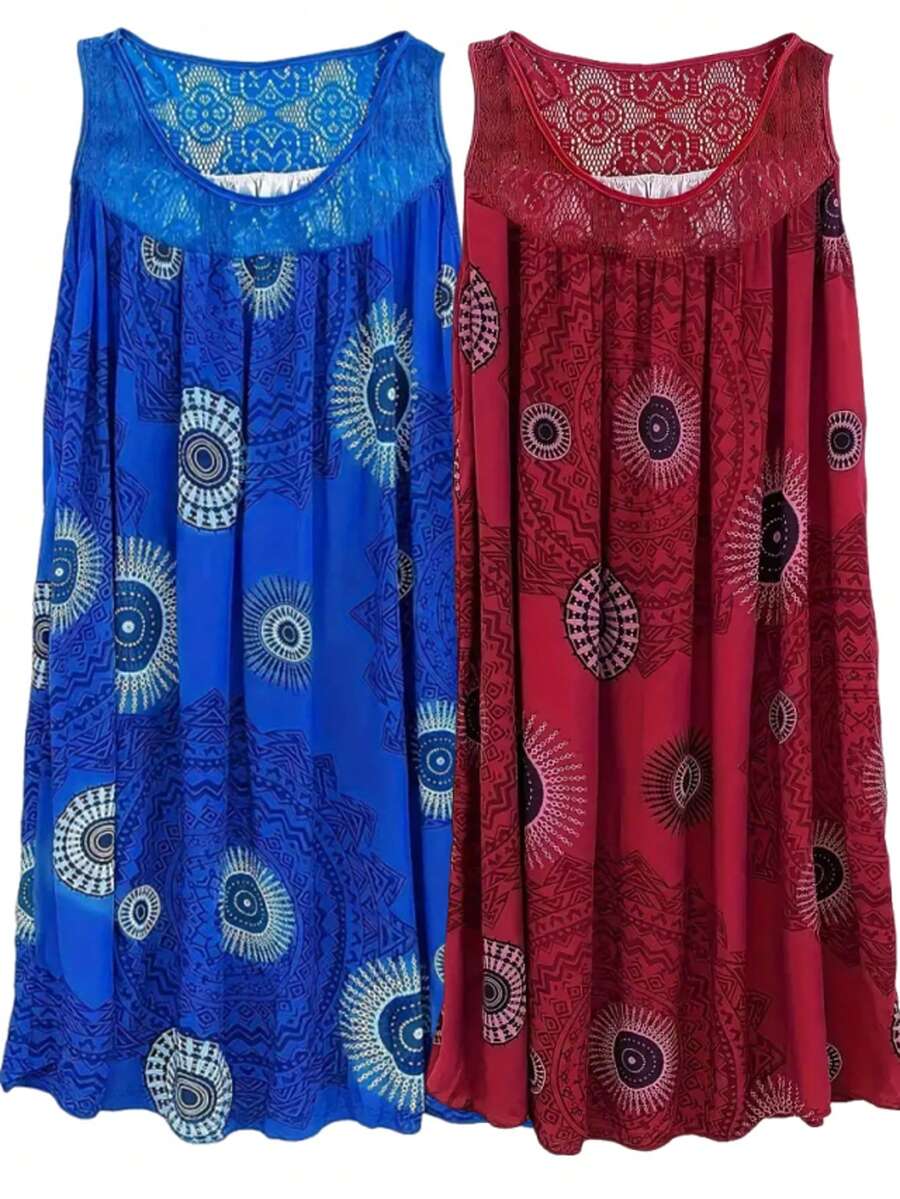 2 Women's Plus-Size Pajamas-Geometric Pattern Contrast Lace Skirt, Medium Elastic Round Neck Machine Washable Casual Wear In All Seasons, Comfortable And Opaque Fabric. - Xanh hoàng gia + đỏ rượu - Xem 1