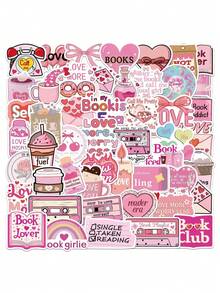50pcs Book Lover-Themed Pink Stickers For Luggage, Phone Case, Tablet, Cartoon, School Supplies,Back To School - Multicolor F - View 1