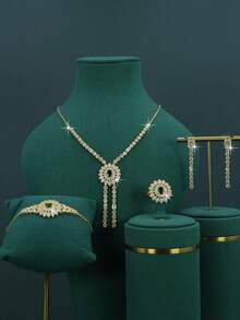 5 件 18K 镀金奢华皇家风格新娘婚礼配饰，手工制作，采用白色方晶锆石，包括项链、手链、耳环、戒指，适合日常佩戴和婚礼仪式，结婚周年纪念礼物 - 流蘇 - 查看 10