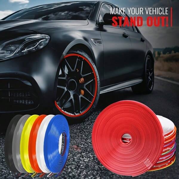 Universal Fit Rubber Wheel Rim Protector, 314.96-Inch Vehicle Tire Edge Guard Strip, Hub Decoration Accessory, Black With Red Accents, Hubcap Accessory|Sleek Wheel Trim|Durable Rubber Strip, Car Wheel Rim Protector