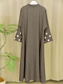 Floral Embroidered Beaded Flare Sleeve Abaya, Traditional Arabic Robe Spring - Olive Brown - View 7