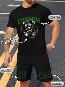 Customized Men's Casual Suit, Summer/Autumn Version, Black T-Shirt And Black Shorts, Loose Fit, Upload Your Own Photo (Lover, Boyfriend, Girlfriend, Pet, Group Photo), Input Your Text (Name, Slogan, Fun Text, Blessing), Company Team Uniform, Independence Day Customized Outfit, Great Gift For Boyfriend, Family, Friends On Birthday, Holiday, Valentine's Day, Anniversary - Black - View 2