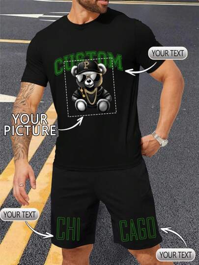 Customized Men's Casual Suit, Summer/Autumn Version, Black T-Shirt And Black Shorts, Loose Fit, Upload Your Own Photo (Lover, Boyfriend, Girlfriend, Pet, Group Photo), Input Your Text (Name, Slogan, Fun Text, Blessing), Company Team Uniform, Independence Day Customized Outfit, Great Gift For Boyfriend, Family, Friends On Birthday, Holiday, Valentine's Day, Anniversary