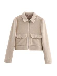 Women's Rice Pink Tweed Jacket Front Zip With Pockets Street Style Fall Winter Coat - Beige - View 2