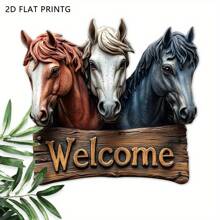 1 pezzo Insegna di benvenuto rustica a cavallo piatta 2D - Arte murale in stile fattoria in legno, decorazione per esterni resistente agli agenti atmosferici con quattro cavalli colorati e foglie verdi, perfetta per portico, giardino, casa - Regalo per gli amanti dei cavalli, decorazione per cavalli, estetica di campagna, materiale durevole, 2D piatto