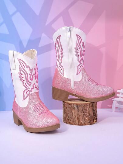 Girls' High Shaft Boots, Mid-Calf Boots, Embroidered High Heel Shoes, Western Cowboy Boots, Pointed Toe Zipper Design