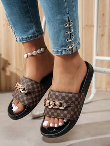 1 Pair Women Solid Color Geometric Pattern Fabric Slippers, Suitable For Beach, Party, Commuting, Holiday At Home - Brown - View 5