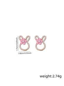 1 Pair Korean Cute Flower Rabbit Ear Studs With Sweet Mini Pearl Design, Fresh & Adorable Earrings For Girls