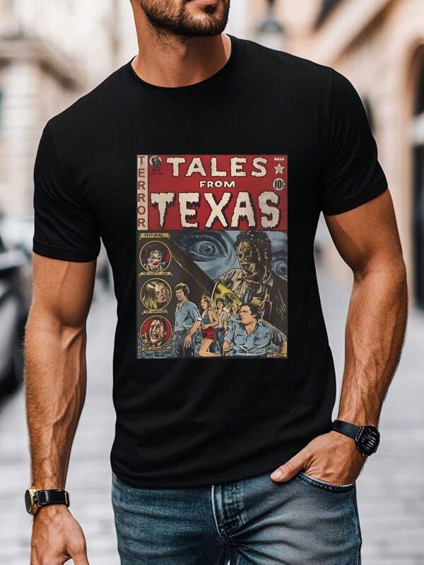 Camiseta de cómic de terror "Texas Tales", cuello redondo para hombre, 220 g/m², verano, puro algodón, manga corta (1 pieza)