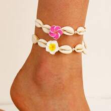 1 pièce Bracelet de cheville crocheté fleur de coquillage bohème naturel, bracelet de cheville tressé marguerite pour les vacances à la plage. Bijou idéal pour les femmes à porter au quotidien.