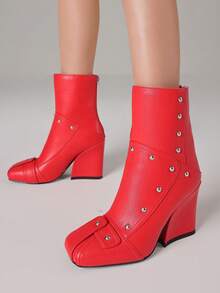 Women's Ankle Booties Chunky Heel  Square Toe Short Boots Pull On Biker Boot Back Zipper Boots Fashion Fall Bootie - Red - View 3