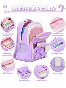 3PCS Girls School Backpack Set With Bowknot, Lunch Box Bag & Pencil Case, Lightweight Multi-Pocket Student Bookbag, Fits 15.6 Inch Laptop, Travel Backpack, Back To School Essential, Ideal Birthday Gift 