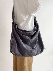 复古水洗大容量灰色帆布单肩包，简约休闲时尚拉链斜挎包，适合日常使用，上学，短途旅行，可折叠拼接超大休闲斜挎包 - 深灰色 - 查看 2