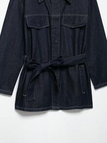 SHIBASHAN 女款超大休闲翻领牛仔夹克配腰带长袖单排扣外套