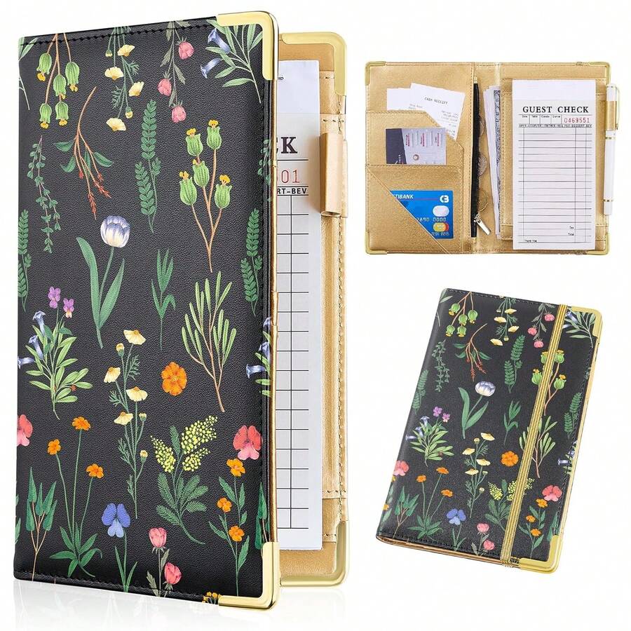 Cute Waitress Book With Money Pocket, Leather Server Book With Zipper Wallet, Black Serving Organizer Fits Server Apron - Flowers A - 查看 1