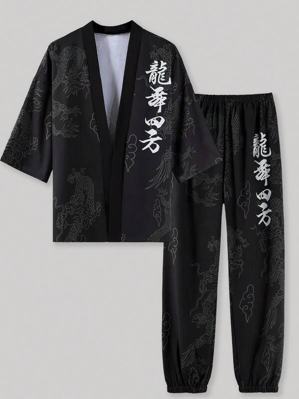 Ensemble de pyjama court avec robe et pantalon imprimés dragon noir style chinois pour hommes