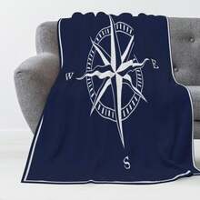 [柔软法兰绒毯] 柔软、轻盈的航海罗盘玫瑰法兰绒毯，四季涤纶，白色缝线设计 - 适合家庭、办公室或礼物 - 海军蓝和白色舒适毯子