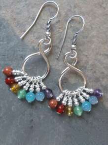 2 piezas Pendientes geométricos retro bohemios con cuentas de metal y piedras naturales multicolor para mujeres, fiestas, uso diario, regalo