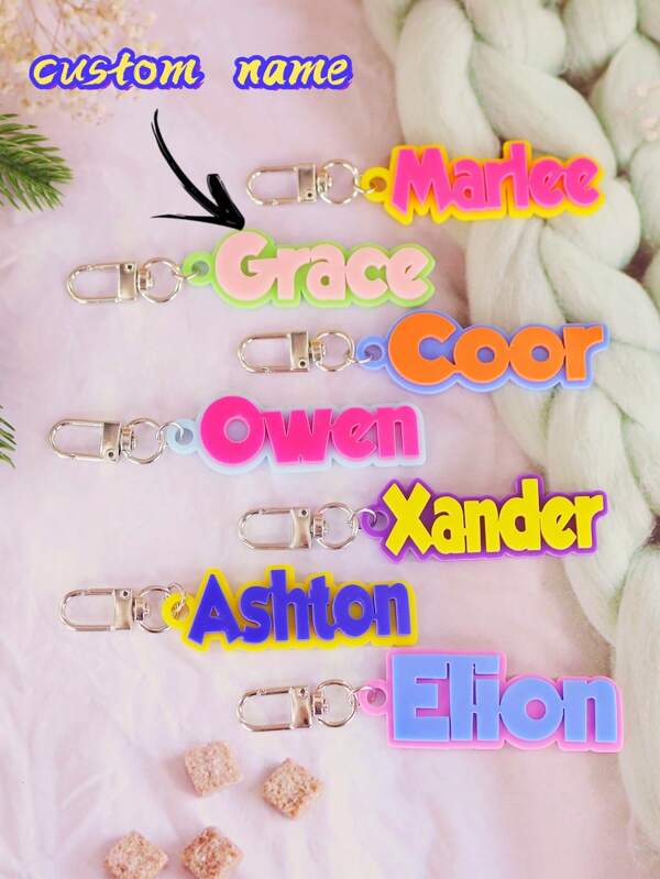 1 chaveiro de acrílico personalizado, pingente com nome personalizado, etiqueta escolar, etiqueta para bolsa de fraldas, acessórios para lancheira, chaveiro de acrílico multicolorido, pingente para mochila, presente personalizado