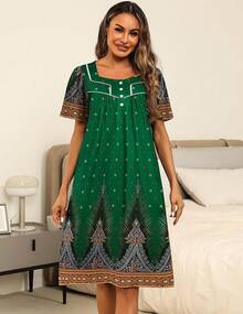 Women's House Dress With Pockets Moomoo Dresses Short Sleeve Mumu Nightgown Lounge Dress Button Down Sleepwear - Green - View 2