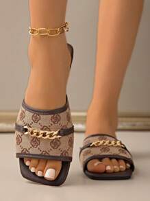 [Sandalias planas casuales] Sandalias planas casuales de verano para mujeres con hebilla de cadena, punta abierta, de slip-on, suela de TPR - Adecuadas para la playa