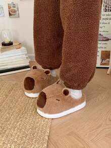 XIXITIAO New Couple Cute Capybara Cartoon 3D Pattern Warm Indoor Plush Slippers, Comfortable Flat Brown Soft Slip-On Home Shoes For Winter