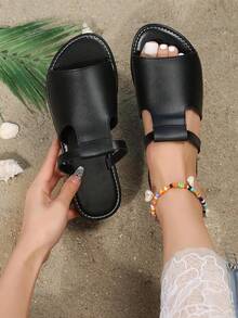 Sandalias planas para mujer, sandalias playeras doradas para exteriores, cómodas sandalias planas de estilo bohemio para vacaciones - Negro - Ver 1