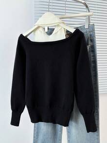 秋季不对称领修身罗纹针织T恤 - 黑色 - 查看 8