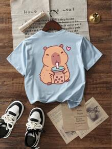 Meisjes & tieners Studenten Casual Bedrukt Lichtblauw Ronde Hals Korte Mouw T-shirt Top, Zomer